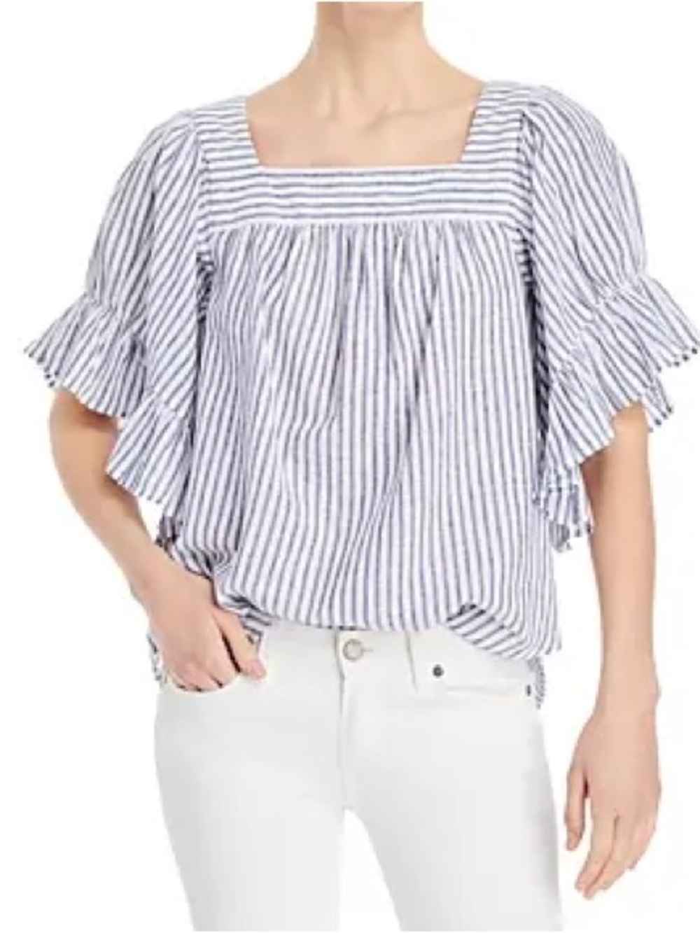 BeachLunchLounge Naomi Blue White Nautical Striped Square Neck‎ Boho Top